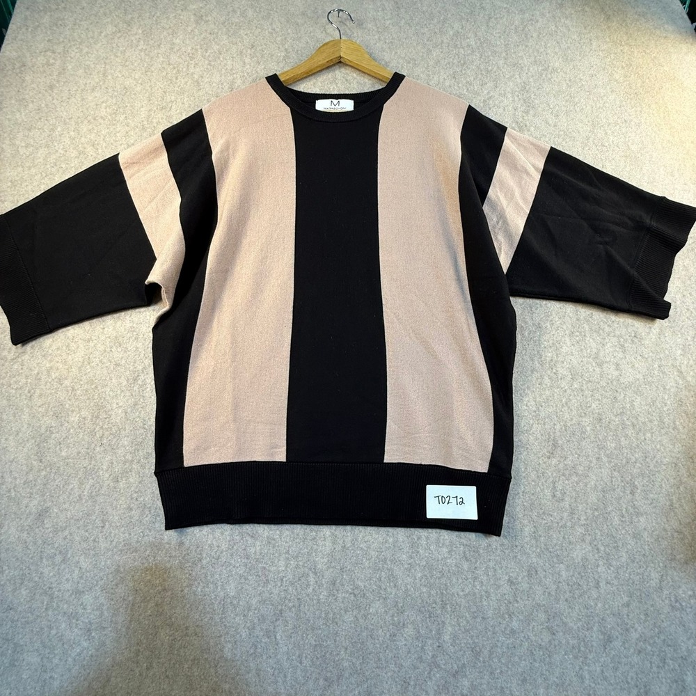Magaschoni Womens Large Short Sleeve Knit Sweater‎ Top Black Tan Vertical Stripe